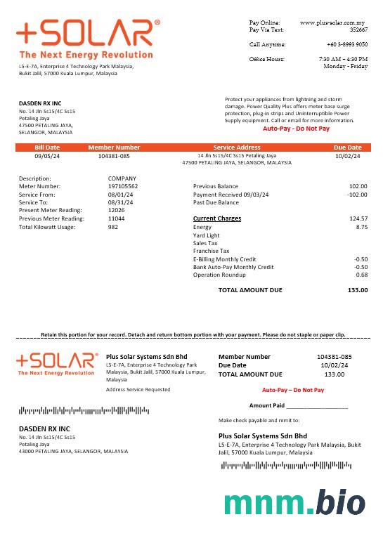Malaysia Plus Solar Systems Sdn Bhd rachunek za usługi komunalne szablon w formacie Word i PDF